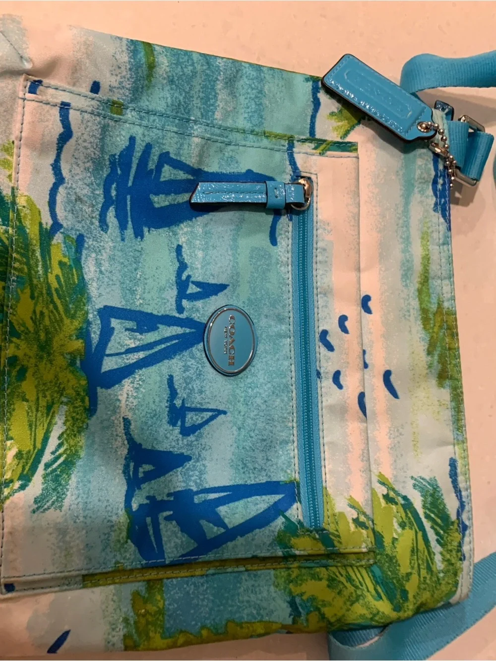 Coach Colorful PalmTrees Sailboats Painted Zip Nylon Crossbody Bag no flaw